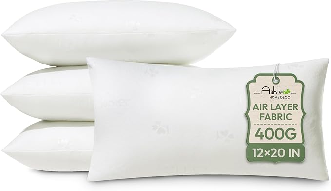 Ashler Throw Pillow Inserts- 12x20 Pillow Inserts with Air Layer, Premium Bed and Couch Pillows - Indoor Decorative Throw Pillow, Lumbar Cushion Sham Stuffer, Pack of 4, White