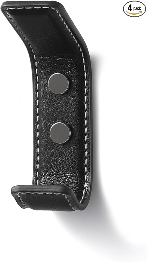 4 Pack Black Leather Coat 2 Hooks Wall for Hanging Rectangle Coat Hooks for Hanging Robe Towels Bags Hats Scarf Keys Clothes Suitable for Bedroom, Entryway and Closet