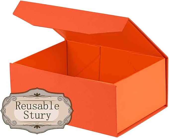 Upgrade 1PCS Orange Gift Box 9.5x7x4 Inches, Sturdy Gift Box with Lid for Gift Packaging, Foldable Magnetic Closure Storage Boxes, Bridesmaid Proposal Box, Rectangle Collapsible Box