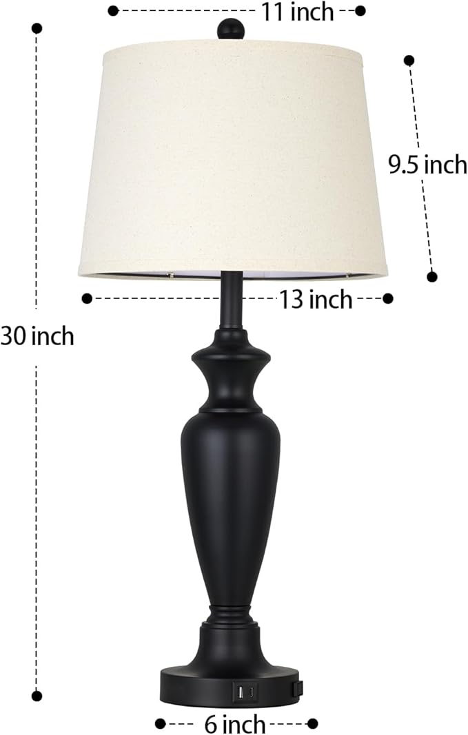 30" Tall Black Table Lamps Set of 2 for Living Room, Touch Control Bedside Lamps for Nightstand, 3-Way Dimmable Bedroom Table Lamp with USB A+C Ports and AC Outlet (2 LED Bulbs Included)