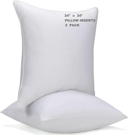 WINGLAM Throw Pillow Inserts 2-Pack, 34x34 Inches Square Decorative Pillow Stuffers, Hypoallergenic Ultra Soft Lightweight Down Alternative Polyester, White Sham Stuffer Pillows（2）