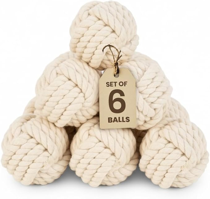 Set of 6 Decorative Nautical Cotton Rope Balls – 2 Inch Each – Handmade Rustic Knot Spheres – for Coastal Home Decor, Bowl Fillers, Tray Styling, Wedding Centerpieces, or Housewarming Gift Idea