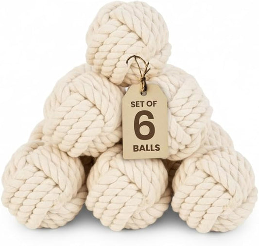 Set of 6 Decorative Nautical Cotton Rope Balls – 2 Inch Each – Handmade Rustic Knot Spheres – for Coastal Home Decor, Bowl Fillers, Tray Styling, Wedding Centerpieces, or Housewarming Gift Idea