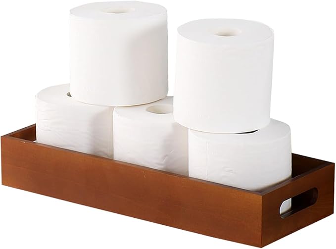 Bathroom Decor Box,Wooden Toilet Tank Topper Basket Tray,Back of Toilet Basket for Paper Storage Bathroom Counter Organizer (Brown, 13.1 * 6.2 * 2.5in)