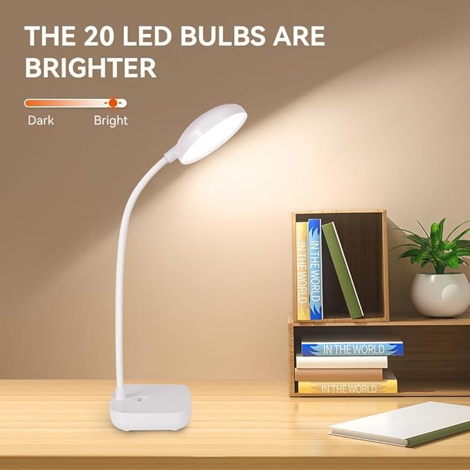 Battery Desk Lamp Light,Black,Cordless desk lamp rechargeable,Small gooseneck lamp for desk,400LM LED Light,3 Colors (White/Warm White/Warm),Adjustable brightness,360° Hose,20 LED for Bedroom&Reading