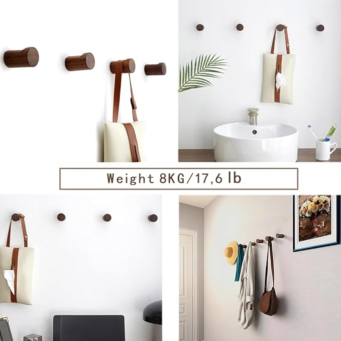 Wood Wall Hooks 4 Pack Natural Wooden Coat Hooks Handmade Rustic Hat Hooks Heavy Duty Entryway Wall Hangers for Hanging Towels, Clothes Bag(Walnut Wood