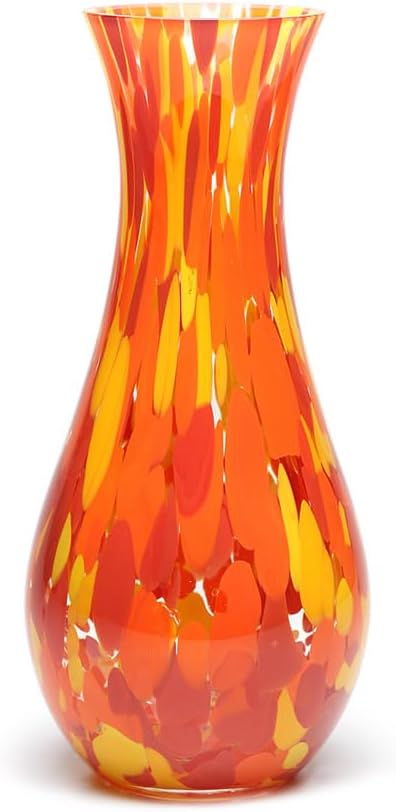 Ca D Oro Glass Vase Orange/Yellow Confetti Effect Hand Blown Murano-Style Art Glass for Flower, Room Decoration and Centerpiece - Model Nº 83