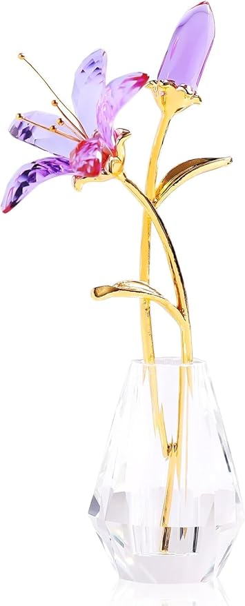 Purple Crystal Lily Flower Figurine with Stems - Handmade Collectible Statue for Decoration Mothers Day Centerpiece Valentines Day Bridal Shower Gift