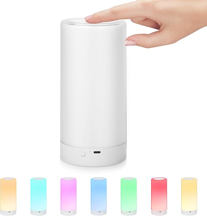 Table Lamp, Touch Sensor Bedside Lamps, Dimmable Warm White Light & Color Changing RGB for Kids Room, Bedroom, Living Room, Camping