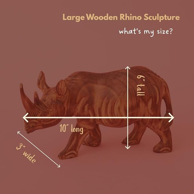 Large Wood Rhino Sculpture, Statues, Animal Figurines, Home Decor Accents, Living Room, Office, Desk, Coffee Table, Book Shelf, Hand Carved, African, Brown