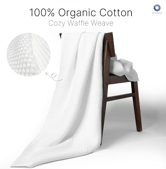9Threads GOTS Certified Organic Cotton Waffle Weave Blanket, Queen Bed Size, 90"X90"Cozy Throw Blanket for Couch, Modern Home Decor, Throw Blankets, Comfy Waffle Blanket & Soft Bed Blankets -White
