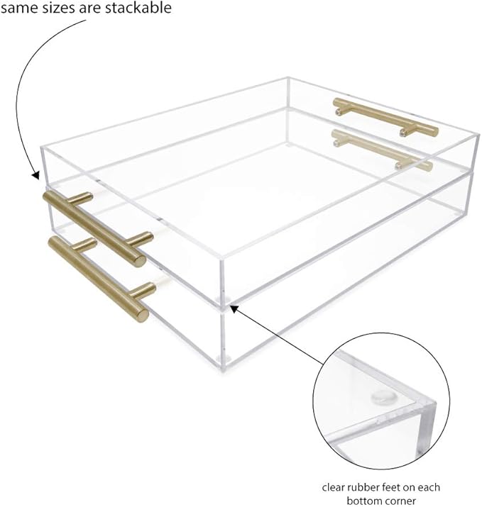 Isaac Jacobs Clear Acrylic Serving Tray (11x14) with Gold Metal Handles, Spill-Proof, Stackable Organizer, Food & Drinks Server, Indoors/Outdoors, Lucite Storage Décor (11x14, Clear with Gold Handle)