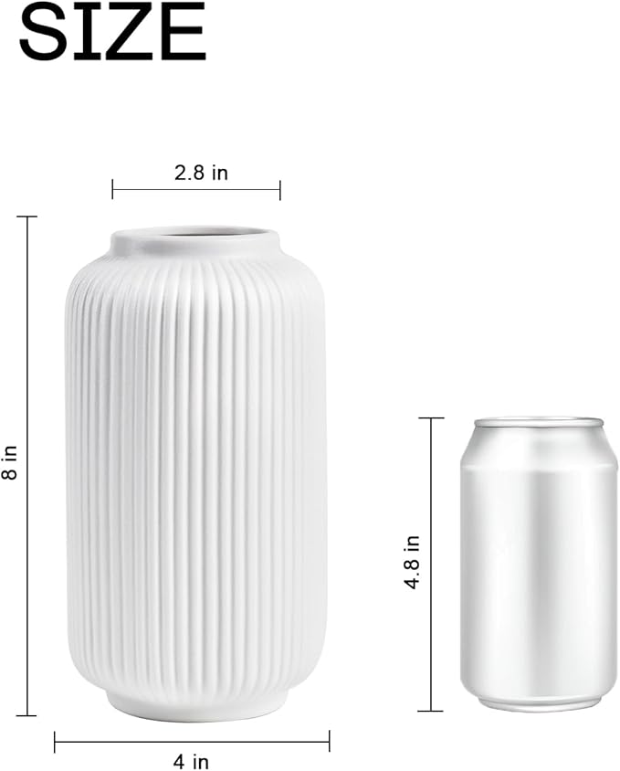 Matte White Ceramic Flower Vase, 8 Inch Ribbed Vase for Pampas Grass, Fresh or Dried Flowers, Decorative Centerpiece for Living Room, Kitchen, Bookshelf, Office Decor