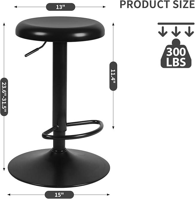 Adjustable Bar Stools, Swivel Backless Round Metal Airlift Barstools with Footrest, Counter Height Bar Chairs Set of 2 for Kitchen, Pub, Cafe, Black