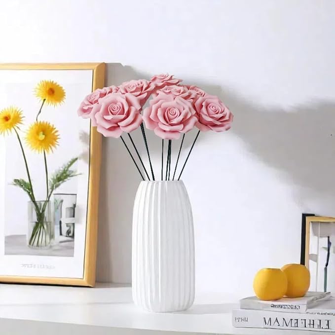 Handmade Porcelain 3D Ceramic Rose Flower, Eternal Flower Decoration for Home Office Decor, Creative Desktop vases, Porcelain Decorations, Set of 9 (Pink)