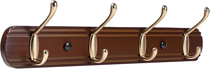 Coat Rack Wall Mount, Bamboo Coat Hanger with 4 Metal Pink Gold Hooks for Hanging Clothes, Towels, Keys, Hats, Bags(Brown)