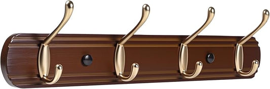 Coat Rack Wall Mount, Bamboo Coat Hanger with 4 Metal Pink Gold Hooks for Hanging Clothes, Towels, Keys, Hats, Bags(Brown)