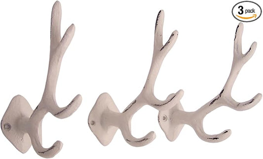 Wowser White Antler Wall Hooks, Set of 3, Wall Mounted Decoration, Rustic Decor, 5.5 Inches