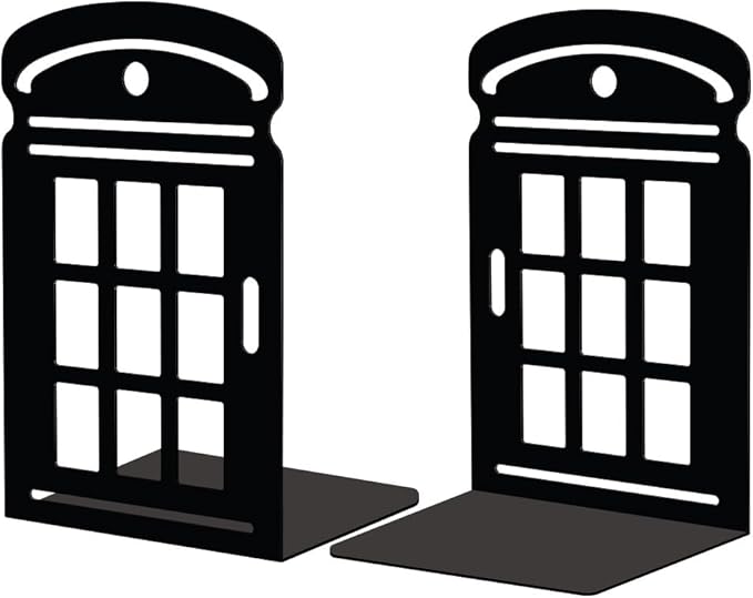 Peacoblue Metal Bookends for Shelves, Modern Decorative Heavy Duty Study Book Support Stoppers for Office, Desk, Shelf, Room 5.3"x4.3"x7.9" Cast Iron Simple Tall Bookends, 1 Pair (Telephone Booth)