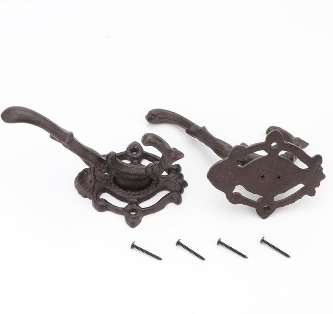 Cast Iron Hooks for Wall Rustic Coat Rack Wall Mount Double Coat Hook Unique Heavy Duty Coat Hooks Wall Decorative Hook for Hallway Hang Clothes Hats 2 Pcs (Double Hook)
