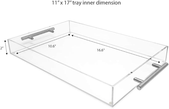 Isaac Jacobs Clear Acrylic Serving Tray (11x17) with Silver Metal Handles, Spill-Proof, Stackable Organizer, Food & Drinks Server, Indoors/Outdoors, Lucite Storage (11x17, Clear with Silver Handle)