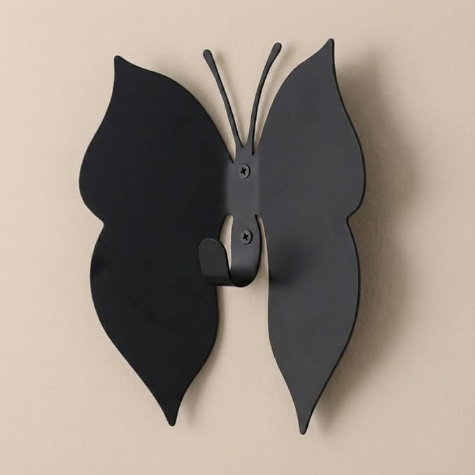 Black Metal Butterfly Wall Hook – Dimensional 3D Design with Angled Wings – Heavy-Duty Decorative Hanger for Nursery, Kids Room & Bathroom Towels