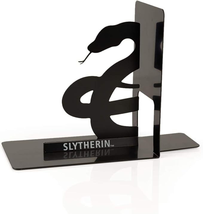 Harry Potter Metal Bookends - Black Hogwarts House Slytherin Diecast Design - Decorative Book Holder - Home, Office, Kitchen, Room Decor - Books Collection Display For Shelves - Desk Accessories Set