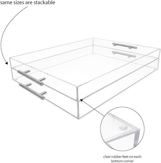 Isaac Jacobs Clear Acrylic Serving Tray (16x20) with Silver Metal Handles, Spill-Proof, Stackable Organizer, Food & Drinks Server, Indoors/Outdoors, Lucite Storage (16x20, Clear with Silver Handle)