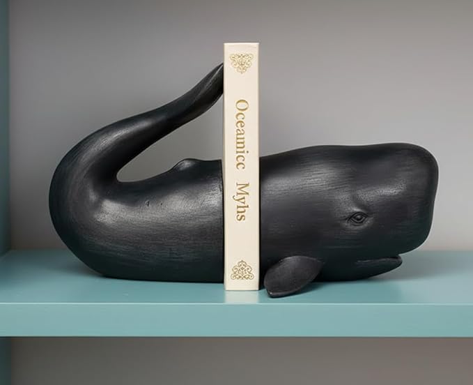 Comfy Hour Nautical Whale Decorative Bookends, Unique Under The Sea Ocean Resin Book Ends for Shelves, Heavy Duty Coastal Book Stopper for Books, Black, 1 Pair