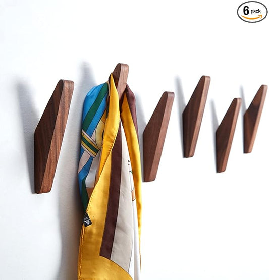 Pack 6 Wood Wall Hooks, Black Walnut Coat Minimalist Design Heavy Duty Robe Hook Wall Mounted Rustic Wooden Hooks Clothes Hanger Hat Rack for Hanging Bathroom Towels.