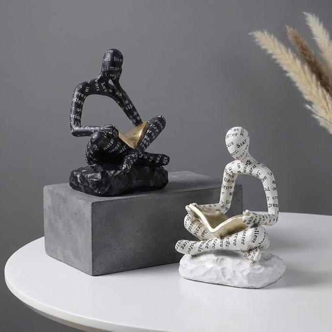 Heavy Duty Book Ends for Shelves, Thinker Decorative Bookends for Heavy Books, Book Stoppers to Hold Books, Weighted Black and White Bookends Set of 2, Non Slip Pads, Bookshelf Accessories