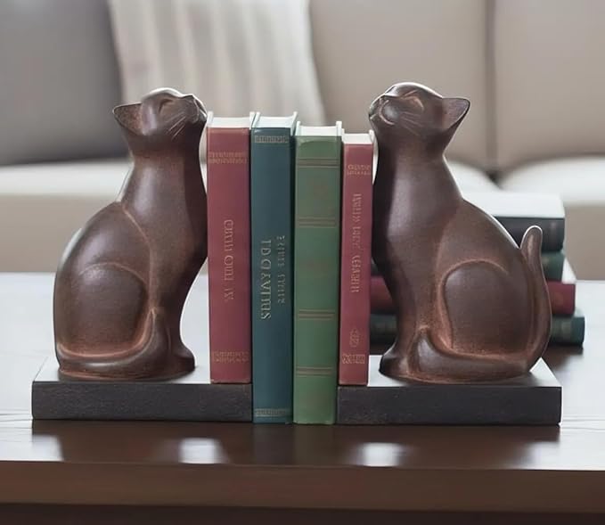 Comfy Hour 7" Resin Cat Bookends - Ancient for Shelves, Farmhouse Collection, Heavy Duty Vintage Decorative Book Stoppers, Home Office, Library, Living Room, Bronze Black Finish, 1 Pair
