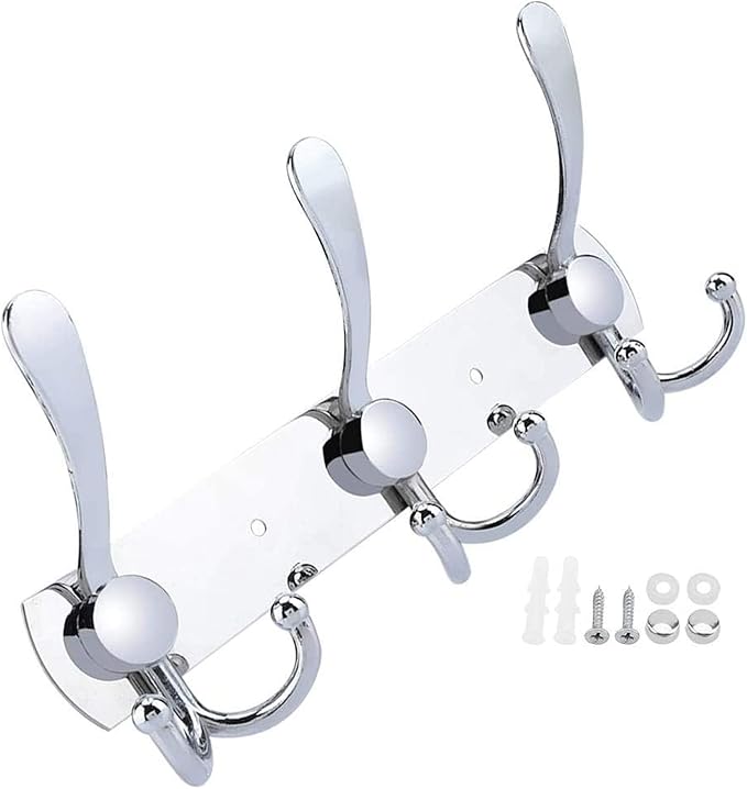 Coat Rack Wall Mounted,3 Tri Stainless Steel Coat Hook for Coat Hat Robes Towel in Mudroom Entryway (Sliver, 2 Pack 3 Hook)