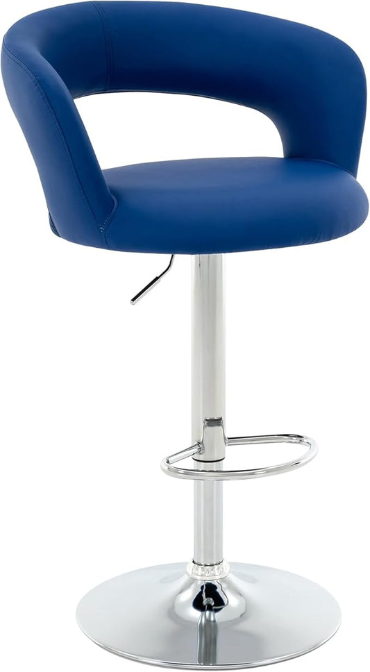 Brage Living Wide Bar Stool, Modern PU Leather Swivel Adjustable Barstool with Hollow Back and Arms, Upholstered Airlift Counter Height Bar Chair for Kitchen Dining (Blue, Chrome Base)