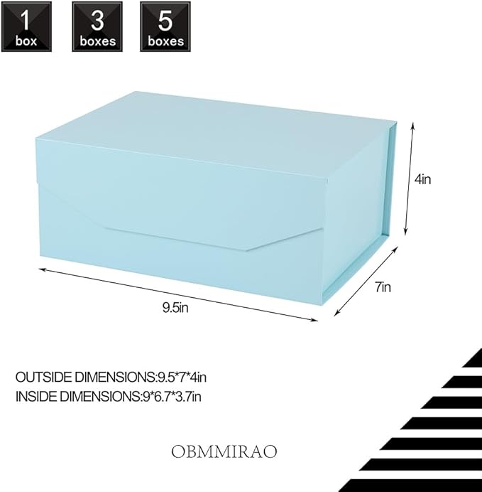 Upgrade 3PCS Blue Gift Box 9.5x7x4 Inches, Sturdy With Lid for Packaging, Foldable Magnetic Closure Storage, Bridesmaid Proposal, Rectangle Collapsible