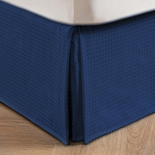 MIYE Pleated Waffle Weave Bed Skirt, Tailored Dust Ruffle 16 Inch Drop Easy Fit, Machine Washable (Navy Blue, Full - 16" Drop)