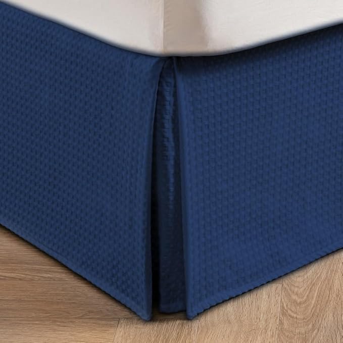 MIYE Pleated Waffle Weave Bed Skirt, Tailored Dust Ruffle 18 Inch Drop Easy Fit, Machine Washable (Navy Blue, Queen - 18" Drop)