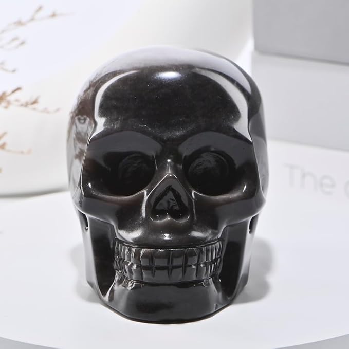 5''Natural Silverstone Obsidian Crystal Skull Head Hand Carved Reiki Healing Stone Statue Healing Home Office Art Room Decoration