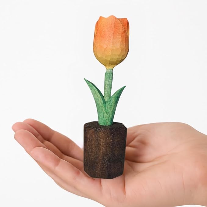 Handcrafted Wooden Tulip Figurine – Elegant Basswood Carved Sculpture, Unique Gift with Premium Gift Box, Ideal for Mother’s Day, Anniversary, Birthday, Home Office Décor (Orange)