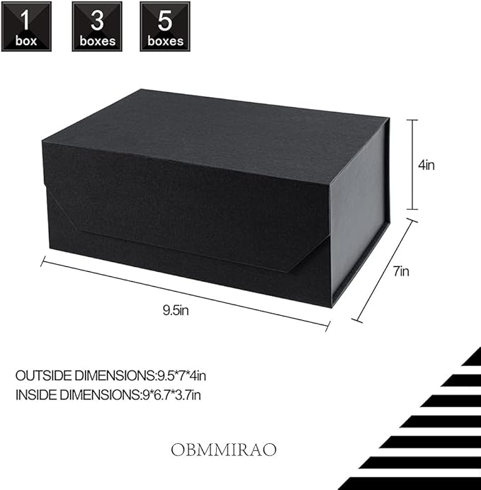 Modern Black 5PCS 9.5x7x4 Inch Gift Box with Lid, Sturdy Rectangle Collapsible Box for Gift Packaging, Foldable Magnetic Closure Storage Boxes, Bridesmaid Proposal Box