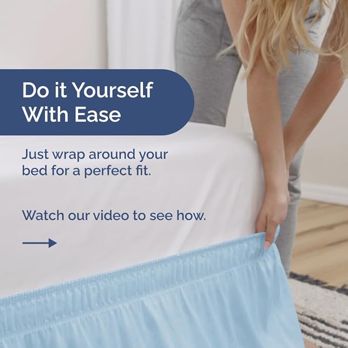 Wrap Around Dust Ruffle Bed Skirt - Light Blue - for King Size Beds with 21 Inch Drop - Elastic Strap - Adjustable Pleated Bedskirt with Brushed Fabric and Wrinkle Free - for Women, Men, Kids & Teens