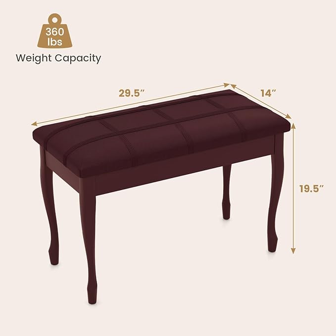 Giantex Duet Piano Bench with Storage, Keyboard Bench with Padded Cushion, Solid Wood Legs, Storage Compartment for Music Books, Comfortable PU Leather Piano Stool, 360 LBS Load Capacity