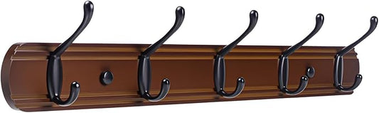 Coat Hooks Wall Mount, Wood Bamboo Wall Coat Rack with 5 Metal Hooks for Hanging Clothes, Towels, Keys, Bags(Brown&Black)