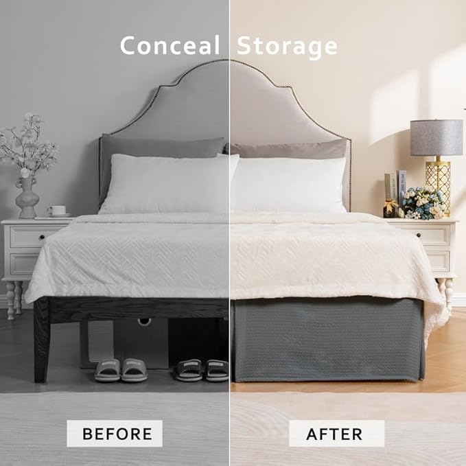 MIYE Pleated Waffle Weave Bed Skirt, Tailored Dust Ruffle 22 Inch Drop Easy Fit, Machine Washable (Dark Grey, Queen - 22" Drop)