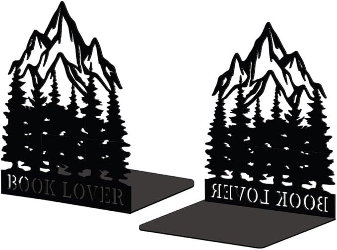 Peacoblue Metal Bookends for Shelves, Modern Decorative Heavy Duty Study Book Support Stoppers for Office, Desk, Shelf, Room 5.3"x4.3"x6.3" Cast Iron Simple Bookends, 1 Pair (Mountains and Forests)