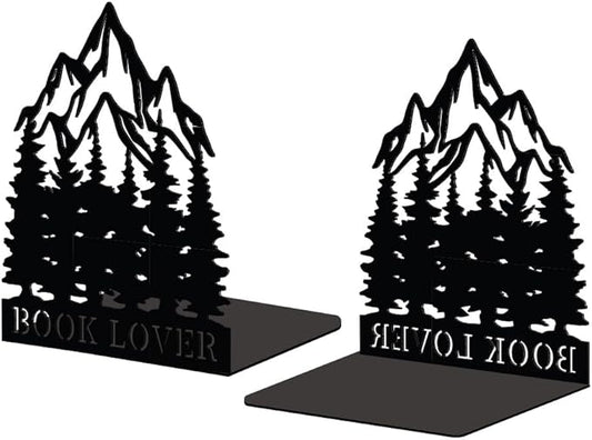 Peacoblue Metal Bookends for Shelves, Modern Decorative Heavy Duty Study Book Support Stoppers for Office, Desk, Shelf, Room 5.3"x4.3"x6.3" Cast Iron Simple Bookends, 1 Pair (Mountains and Forests)
