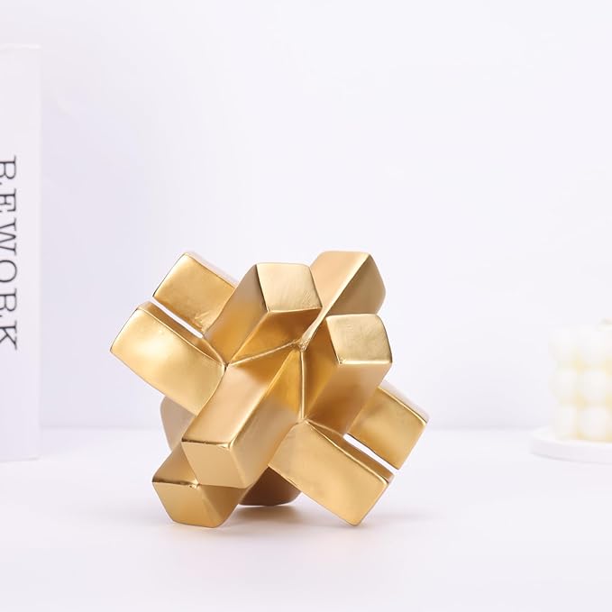 Gold Knot Decor Knick Knacks for Shelves - Geometric Sculpture Statue Modern Decorative Objects for Minimalist Bookcase, Tv Stand, Coffee Table & Entrance Decor