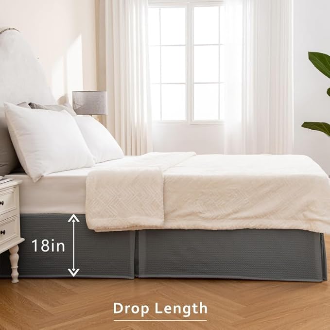 MIYE Pleated Waffle Weave Bed Skirt, Tailored Dust Ruffle 18 Inch Drop Easy Fit, Machine Washable (Dark Grey, TwinXL - 18" Drop)