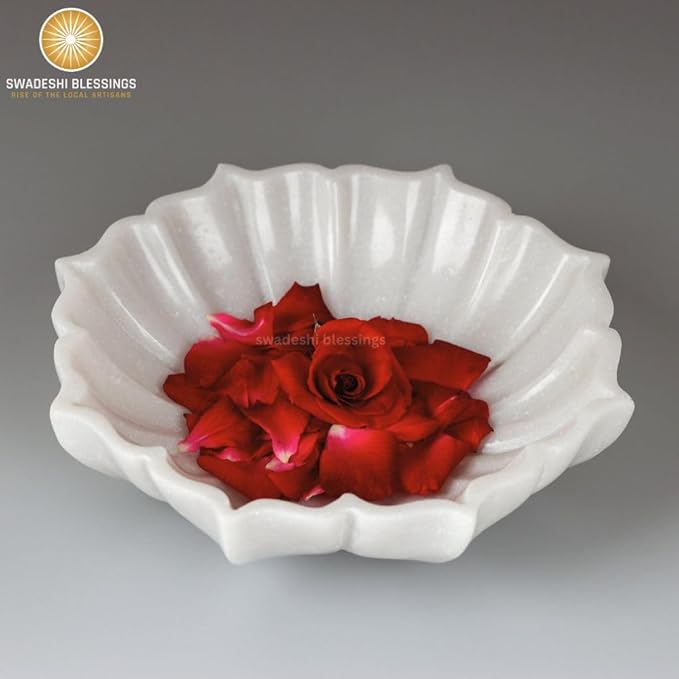 SWADESHI BLESSINGS HandCrafted Marble Lotus Bowl/Organic Modern Home Decor Bowl/Fruit Bowl/Vintage Ring Dish/Decorative Flower Dish/HouseWarming Gifts/Wedding Gifts/Urli (6 Inches)