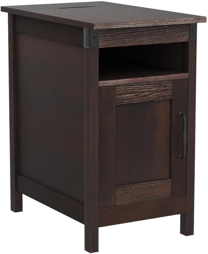 WLIVE End Table with Charging Station, Narrow Side Table for Living Room, Farmhouse Night Stand with Storage, Small Wooden Nightstand with USB Ports and Outlets for Living Room and Bedroom, Brown